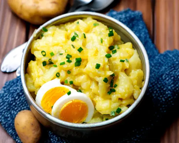 Omas Kartoffelsalat, cremig und mit Schnittlauch bestreut, serviert mit gekochten Eiern. Ein Klassiker, der immer schmeckt.