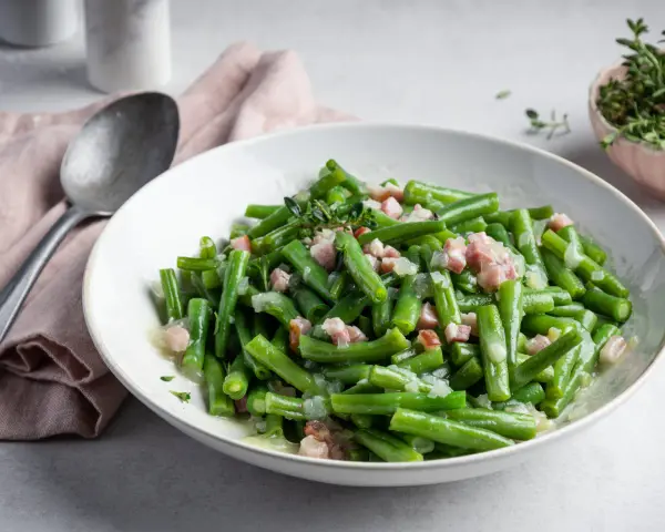 Ein leckeres Brechbohnen Rezept mit Speck und Zwiebeln, garniert mit frischem Thymian.