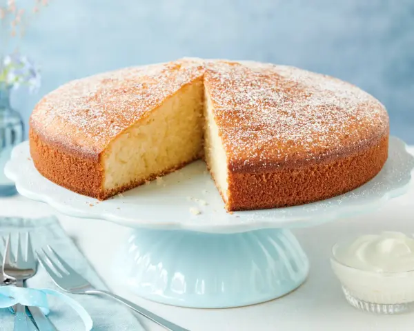 Ein **schneller saftiger Kuchen mit Joghurt**, bestäubt mit Puderzucker, auf einem hellblauen Tortenständer. Daneben eine Schale mit Sahne und Gabeln.
