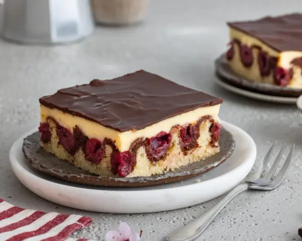 Ein Stück Donauwelle ohne Buttercreme, mit dunkler Schokoladenglasur, Kirschen und hellem Teig.