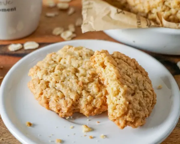 Zwei goldbraune Haferkekse liegen auf einem weißen Teller. Ein leckeres haferkekse rezept zum Nachbacken.