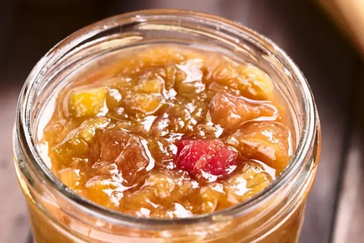 Ein Glas mit leuchtend rotem und goldenem Rhabarber-Chutney, bereit zum Genießen.