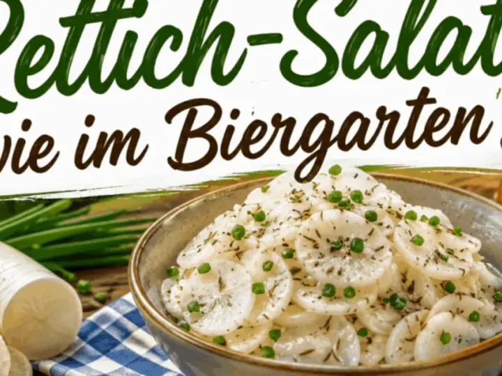 Frischer Rettichsalat, wie im Biergarten, mit Radieschen, Schnittlauch und einem Bier.