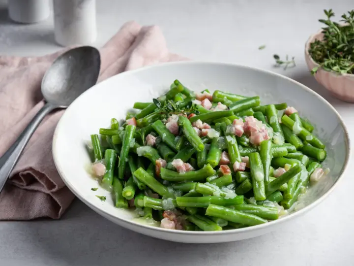 Ein leckeres Brechbohnen Rezept mit Speck und Zwiebeln, garniert mit frischem Thymian.