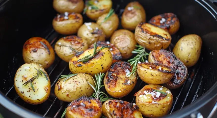 Gegrillte Rosmarinkartoffeln mit grobem Salz und Kräutern auf einem Rost.