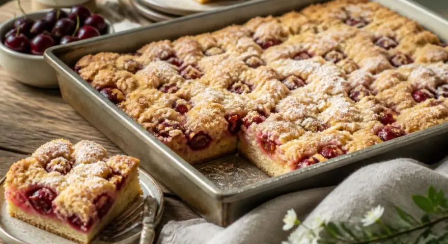 Ein saftiger Kirschstreuselkuchen im Blech, bestäubt mit Puderzucker. Daneben eine Schale frische Kirschen und ein Stück Kuchen auf einem Teller.