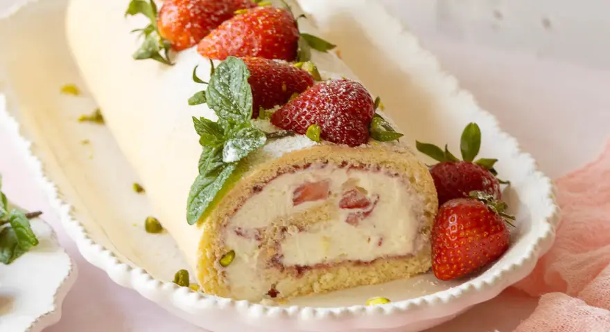 Erdbeer Biskuitrolle mit frischen Erdbeeren, Minze und Pistazien bestreut, auf einer weißen Servierplatte.