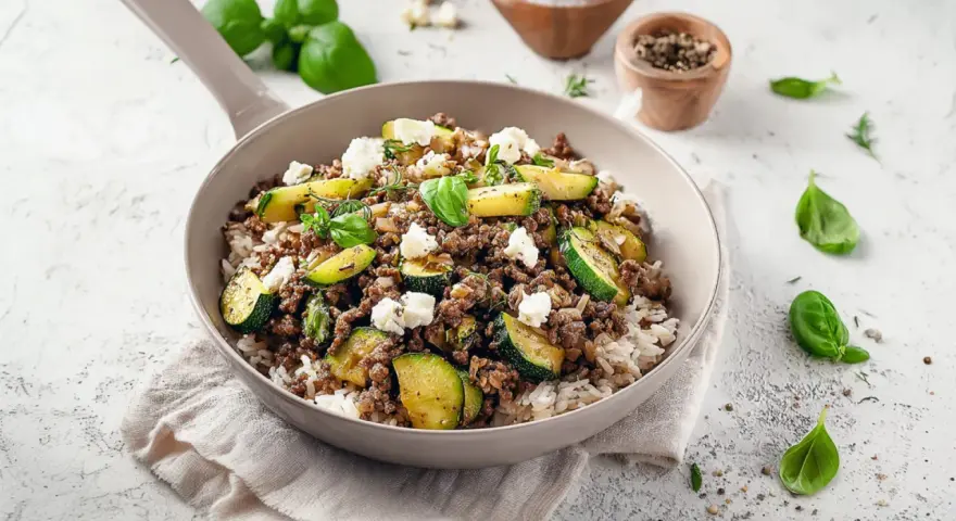 Herzhafte zucchini hackfleisch pfanne mit Reis und Feta, garniert mit frischem Basilikum.