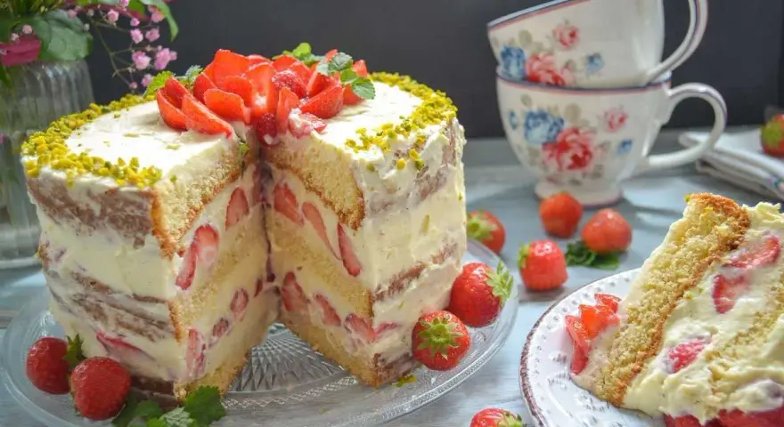 Erdbeerboden wie bei Oma: saftiger Biskuit mit viel frischen Erdbeeren und Sahne, verziert mit Pistazien. Ein Stück Kuchen zum Genießen.