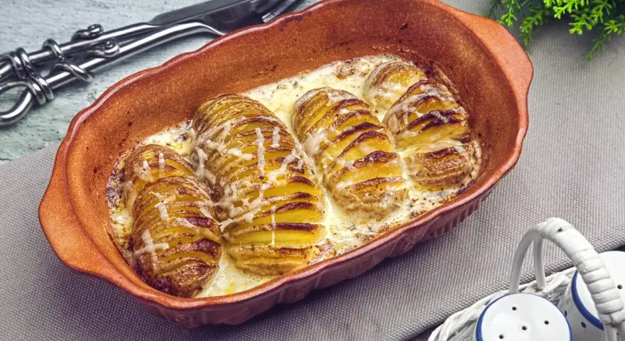 Hasselback Kartoffeln in cremiger Sauce, goldbraun gebacken und mit Käse überbacken. Ein Genuss für jeden Kartoffelliebhaber.