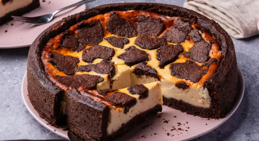 Ein saftiger russischer Zupfkuchen mit dunklem Schokoladenboden und cremiger Käsemasse, belegt mit zupfartigen Schokoladenstückchen.