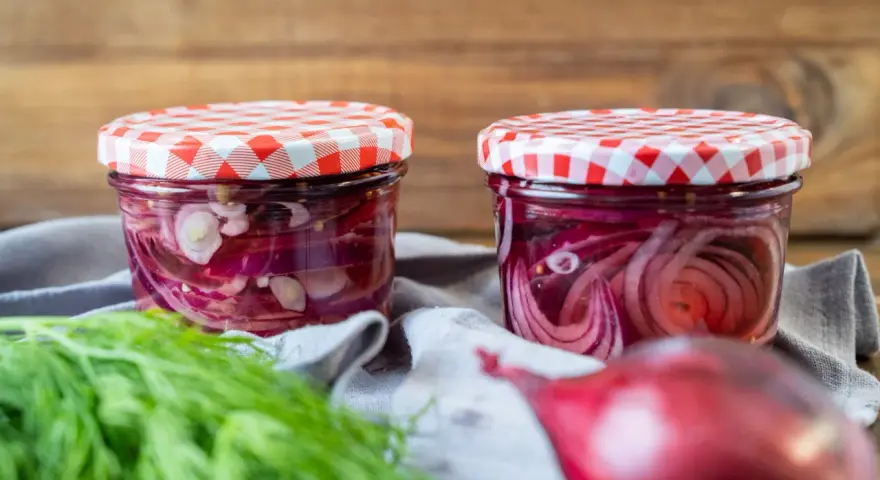 Zwei Gläser mit eingelegten Zwiebeln, rot und weiß, stehen auf einem grauen Tuch. Frischer Dill und eine rote Zwiebel liegen davor.
