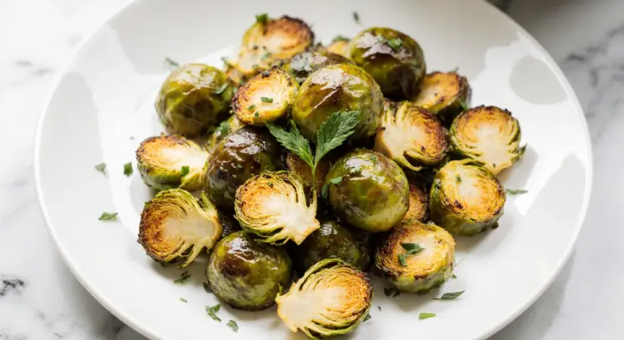 Knuspriger rosenkohl im airfryer, leicht gebräunt und mit Petersilie bestreut, auf einem weißen Teller serviert.