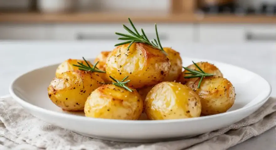 Goldbraune rosmarinkartoffeln im Airfryer, garniert mit frischem Rosmarin, auf einem weißen Teller.