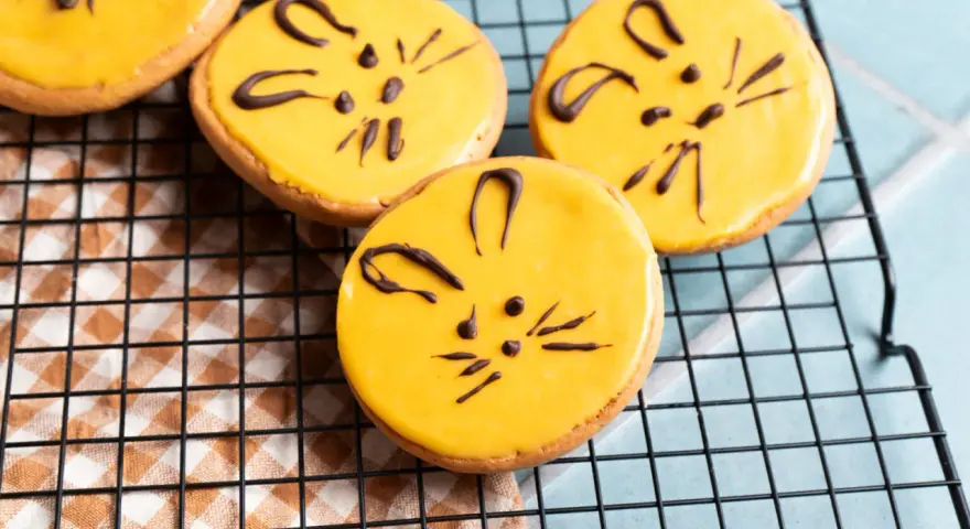 Süße Kekse mit gelber Glasur und Schokoladen-Katzenmotiven, ein tolles amerikaner rezept für Kinder.
