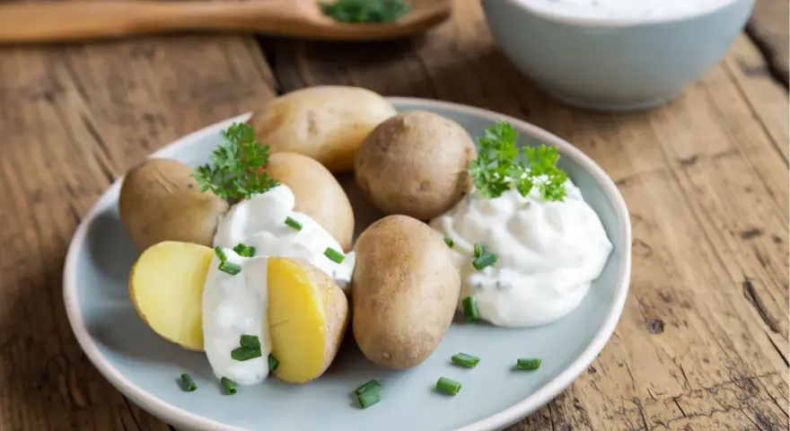 Gedämpfte Kartoffeln mit Kräuterquark und Schnittlauch, schnell in der Mikrowelle zubereitet.