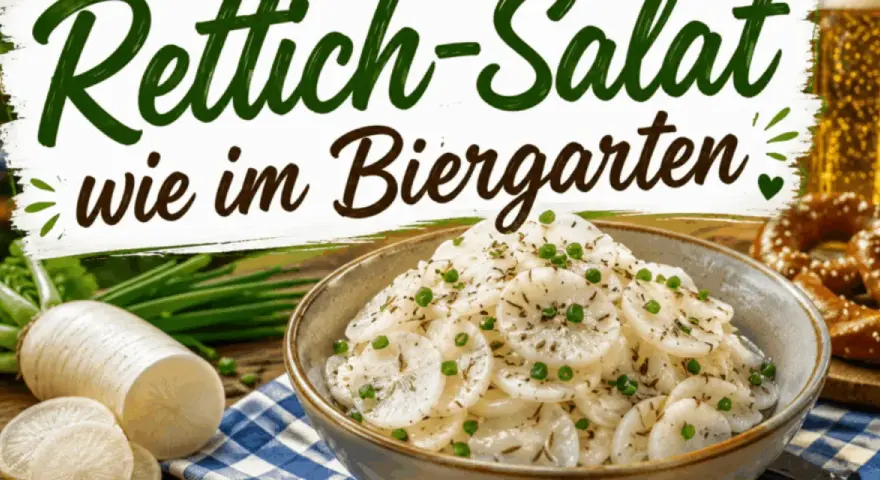 Frischer Rettichsalat, wie im Biergarten, mit Radieschen, Schnittlauch und einem Bier.