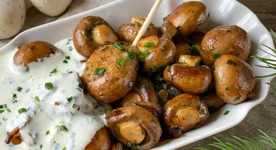 Herzhafte Champignons wie vom Weihnachtsmarkt, glasiert und mit Kräutern bestreut, serviert mit cremiger Sauce.