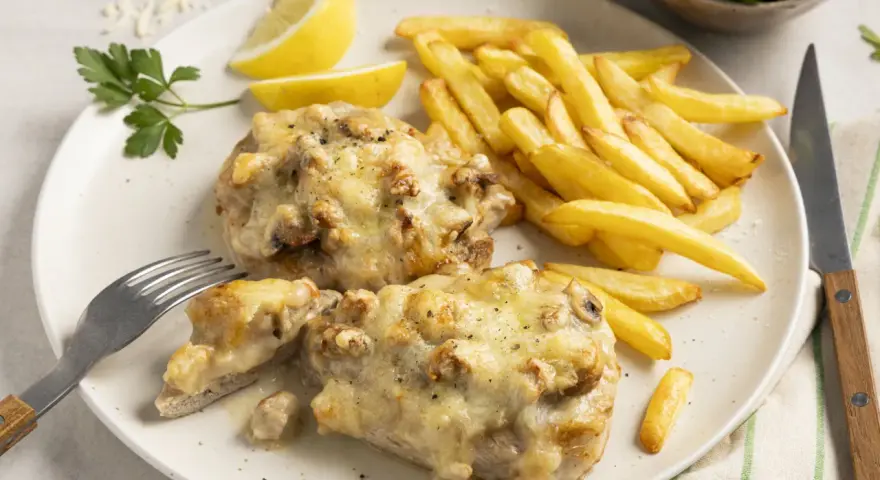 Zwei saftige Steak au Four mit geschmolzenem Käse, dazu knusprige Pommes Frites, Zitronenspalten und ein kleiner Salat.