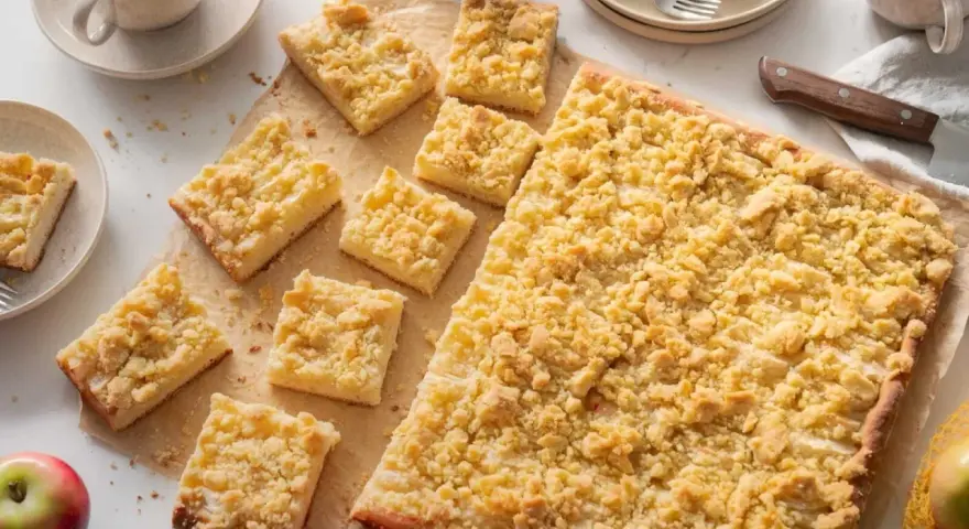 Ein frisch gebackener Apfelkuchen mit Streusel, aufgeteilt in rechteckige Stücke, daneben Äpfel und eine Tasse Kaffee.