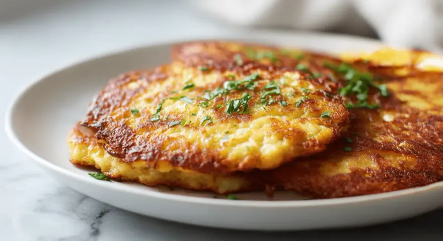 Goldbraune Kartoffelpuffer im Airfryer, garniert mit frischer Petersilie, auf einem weißen Teller.