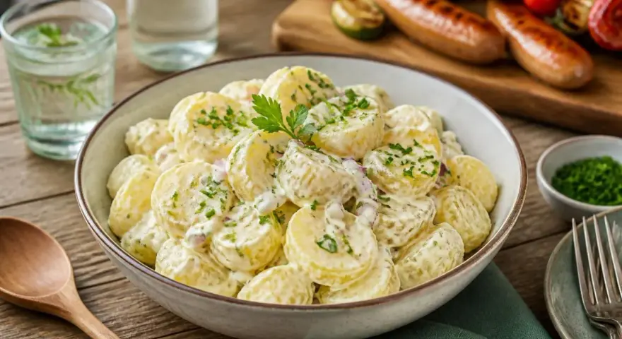 Cremiger Kartoffelsalat mit Schmand, garniert mit frischer Petersilie, bereit für ein Grillfest.