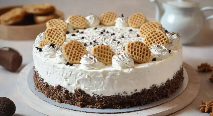 Cremige Mohrenkopftorte mit Keksboden, verziert mit Sahnetuffs, Schokostreuseln und kleinen Waffeln. Ein Traum für jeden Kaffeetisch!