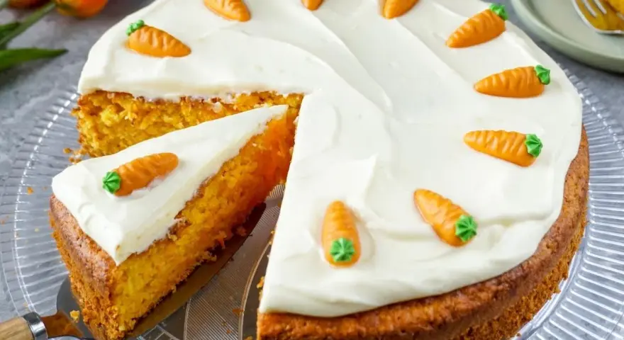 Ein saftiger Karottenkuchen mit weißem Frosting und kleinen Marzipanmöhren, perfekt für ein Osterkuchen Rezept.