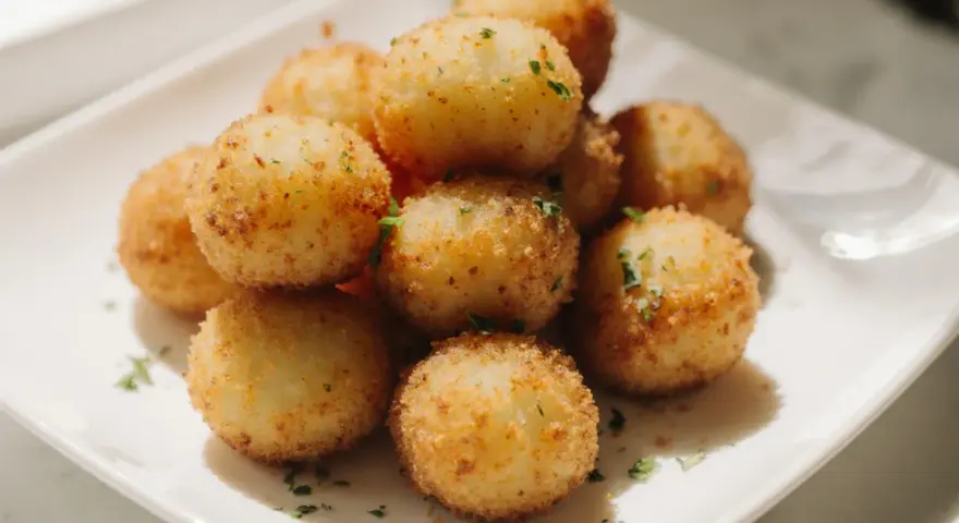Goldbraune, knusprige kroketten aus kartoffelbrei, garniert mit Petersilie, auf einem weißen Teller.