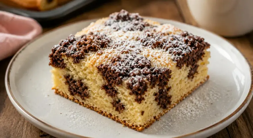 Ein Stück saftiger Wolkenkuchen mit Schokostreuseln und Puderzucker. Dieses Wolkenkuchen Rezept ist ein Genuss!