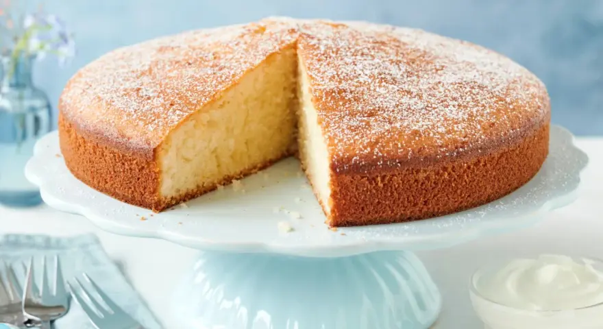 Ein **schneller saftiger Kuchen mit Joghurt**, bestäubt mit Puderzucker, auf einem hellblauen Tortenständer. Daneben eine Schale mit Sahne und Gabeln.
