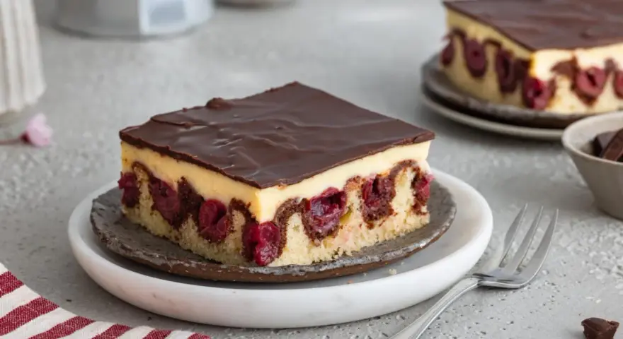 Ein Stück Donauwelle ohne Buttercreme, mit dunkler Schokoladenglasur, Kirschen und hellem Teig.
