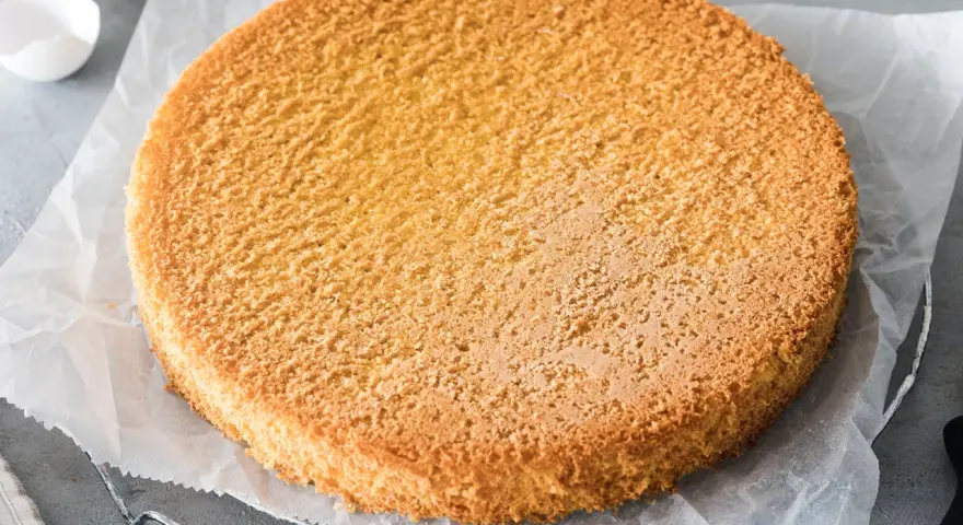 Ein goldbrauner, luftiger Biskuitboden auf Backpapier, bereit für ein köstliches Biskuitboden Rezept.