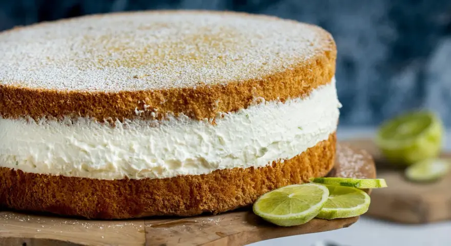 Saftige Quark Sahne Torte mit frischen Limettenspalten, bestäubt mit Puderzucker.