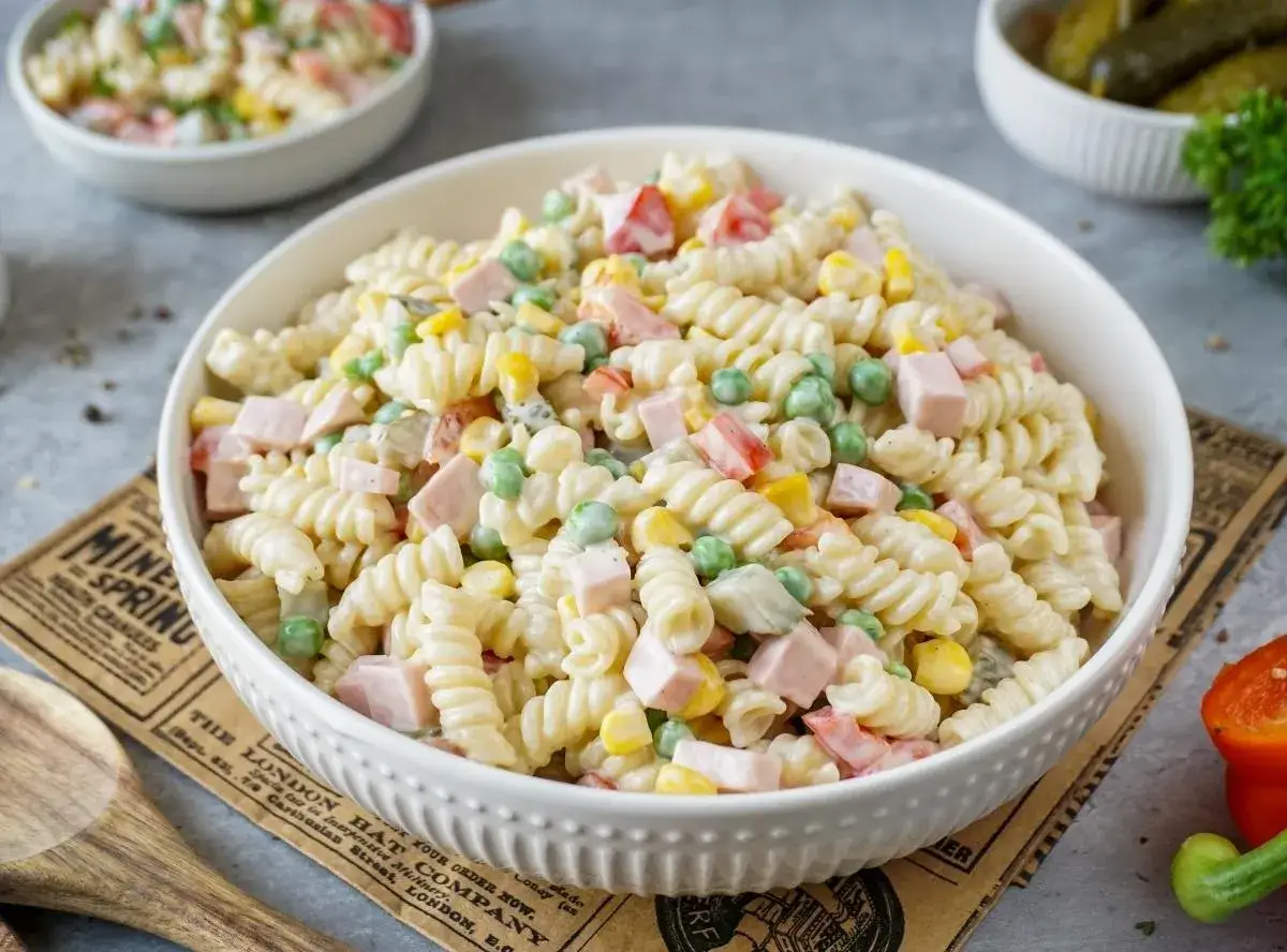 Cremiger Nudelsalat mit Schinken, Erbsen und Mais – ein einfaches und leckeres nudelsalat rezept für jede Gelegenheit.