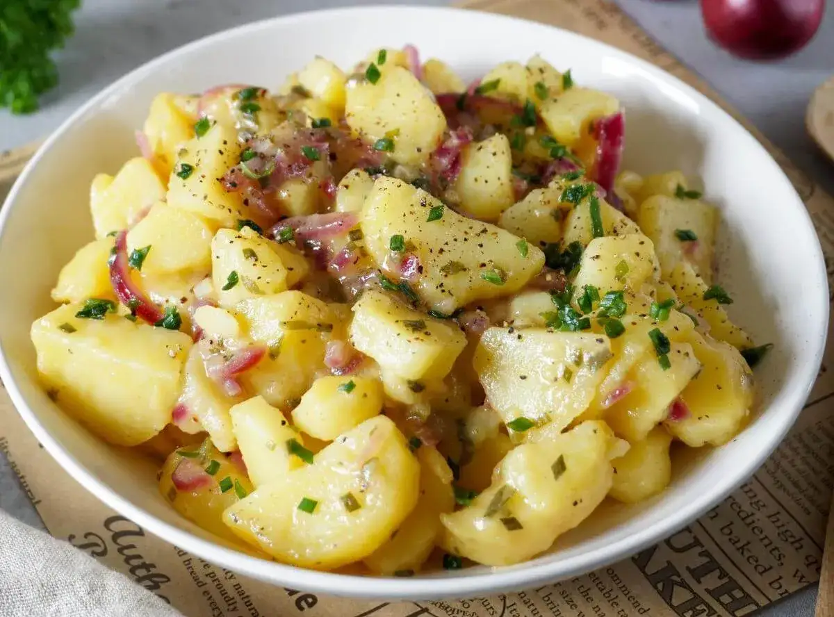 Ein köstlicher Kartoffelsalat mit roten Zwiebeln und frischen Kräutern, perfekt für jedes Kartoffelsalat Rezept.