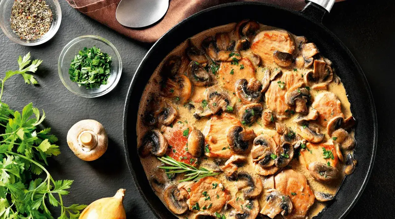 Gebratene Champignons in cremiger Sauce, garniert mit frischer Petersilie und Rosmarin. Daneben liegen frische Kräuter, eine Zwiebel und Gewürze.