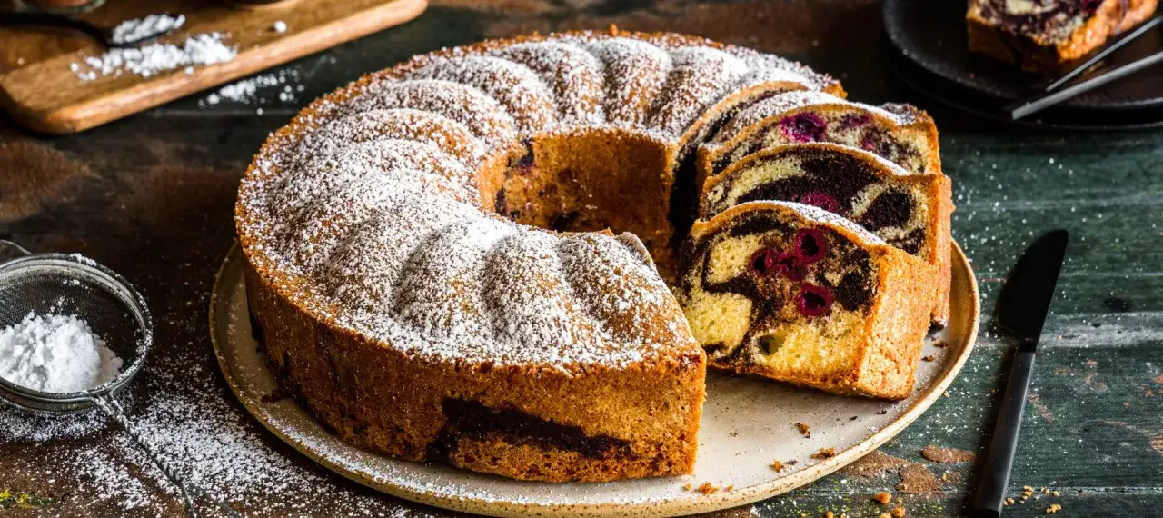 Saftiger Marmorkuchen mit Kirschen, bestäubt mit Puderzucker. Ein Stück ist angeschnitten und zeigt die leckeren Kirschen im Teig.