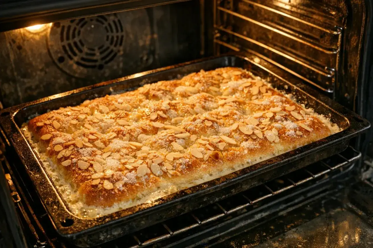 Ein goldbrauner DDR Zuckerkuchen mit Mandelblättchen und Zucker wird im Ofen gebacken.