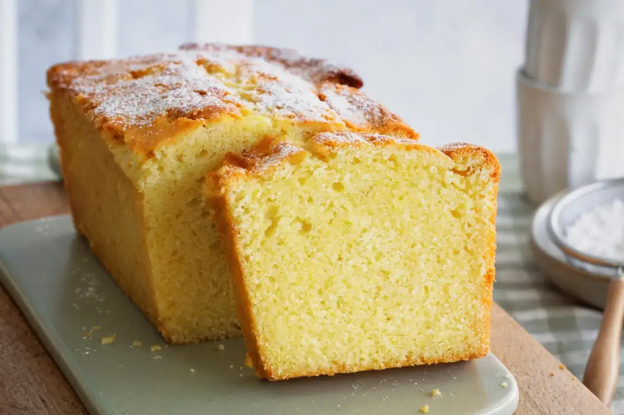 Ein saftiger, goldgelber Kuchen, bestäubt mit Puderzucker. Perfekt für einen Sonntagskuchen schnell und einfach zubereitet.