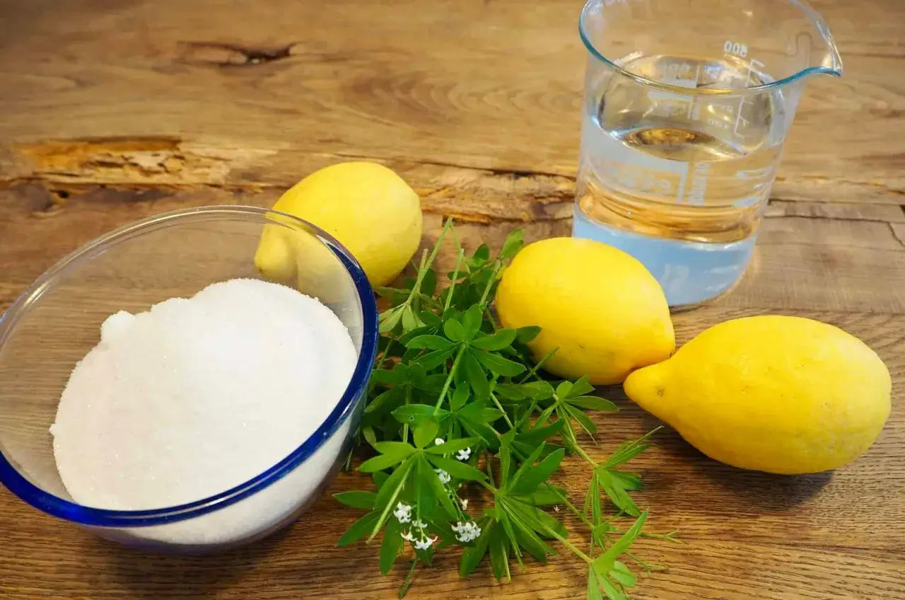 Zutaten für Waldmeistersirup selber machen: Zucker, Zitronen, Labkraut und Wasser.