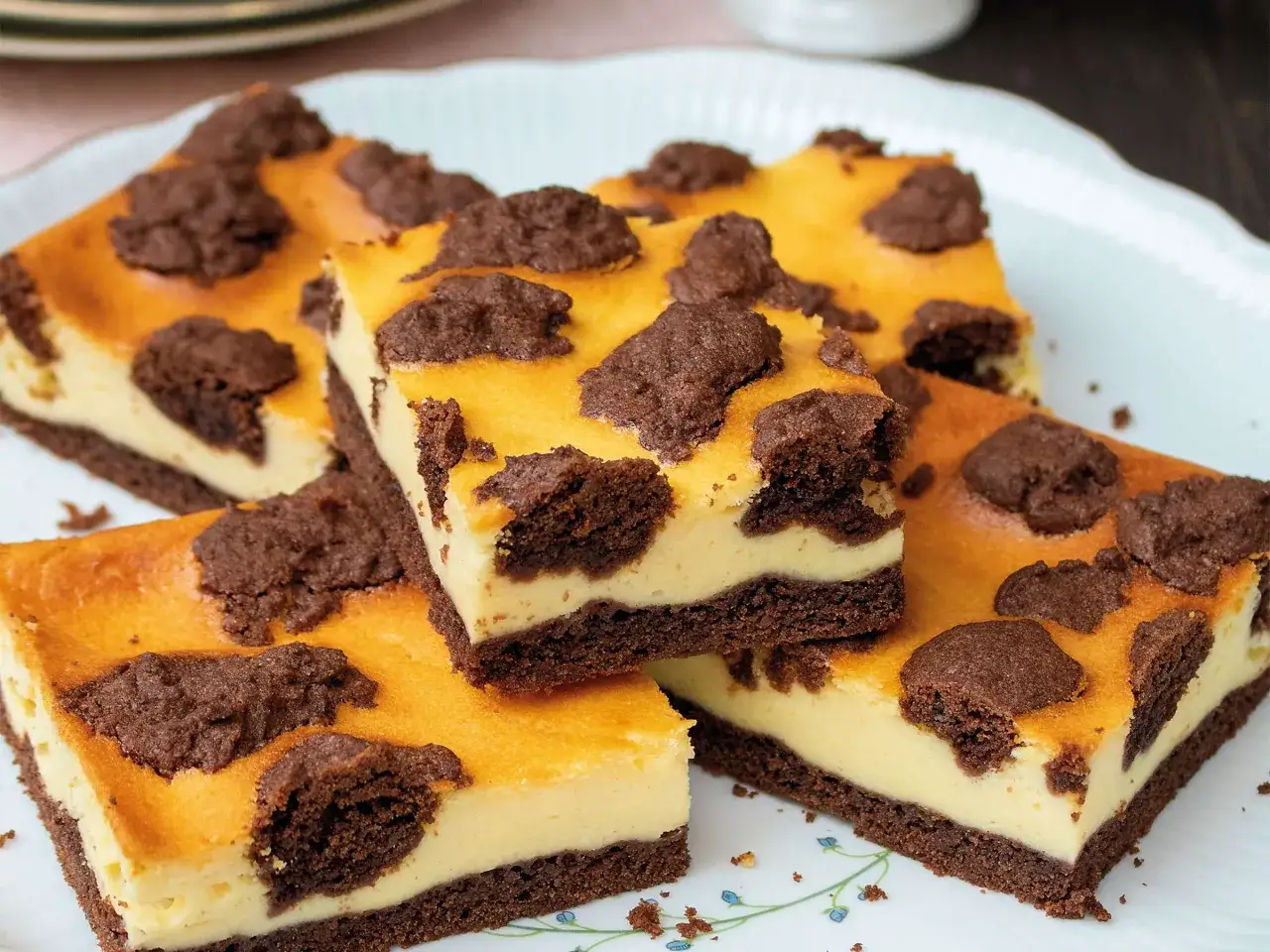 Saftiger russischer Zupfkuchen vom Blech, mit Schokoladenstückchen und cremiger Füllung, auf einem Teller angerichtet.