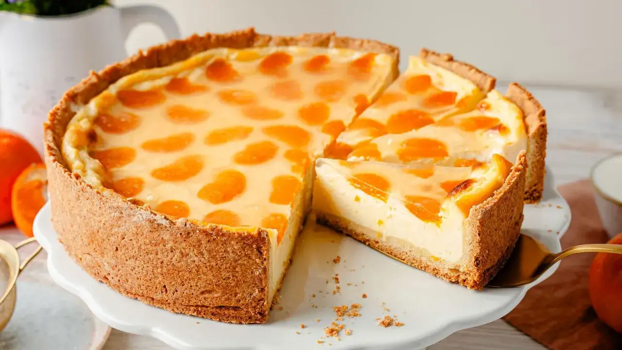 Ein saftiger Mandarinen Schmand Kuchen mit einem knusprigen Boden und fruchtigen Mandarinenstücken unter einer glänzenden Geleeschicht.
