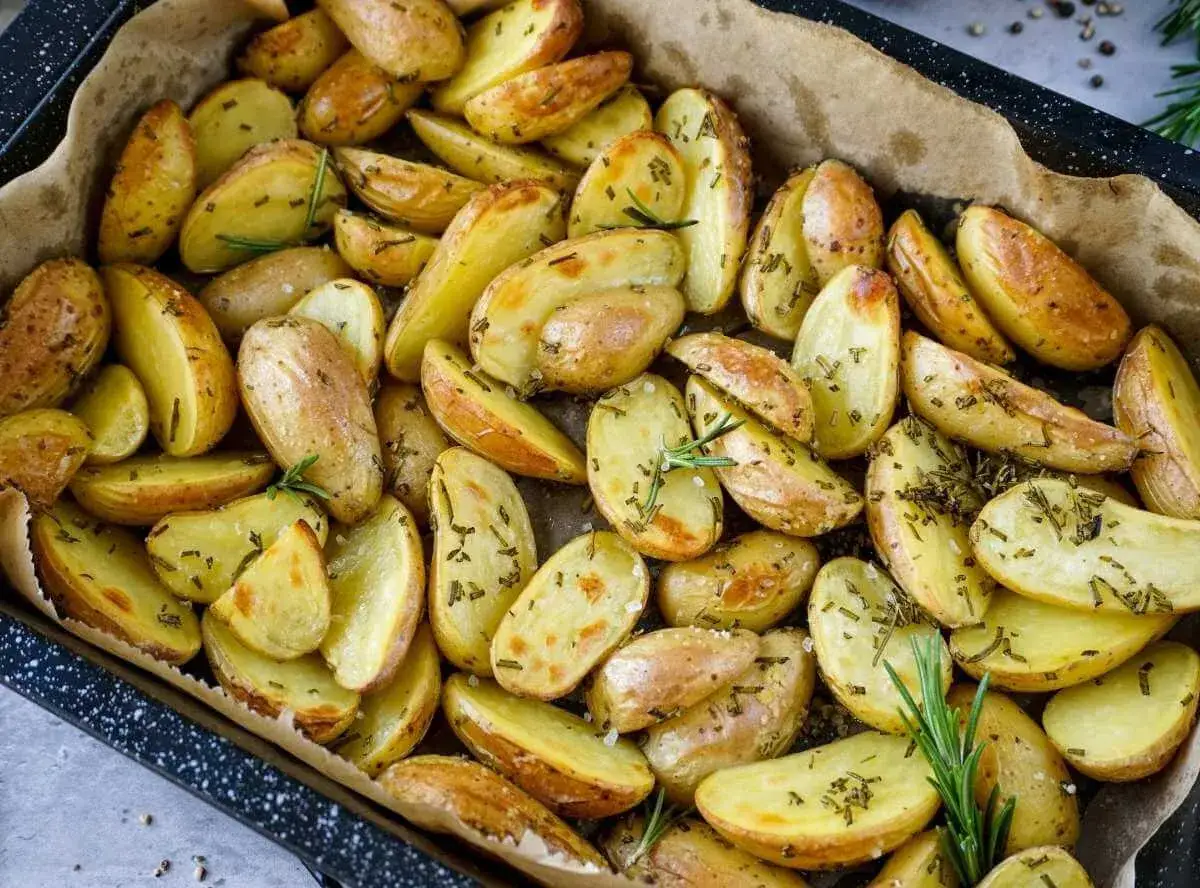 Goldbraune, knusprige Rosmarinkartoffeln, frisch aus dem Ofen, duften herrlich und sind bereit zum Genießen.