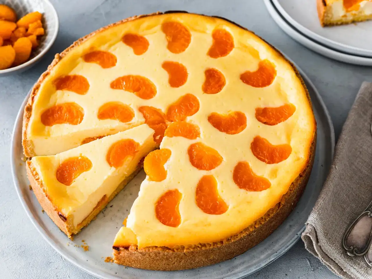 Ein saftiger Mandarinen Quark Kuchen mit einem knusprigen Boden und fruchtigen Mandarinenstücken. Perfekt für jeden Anlass!
