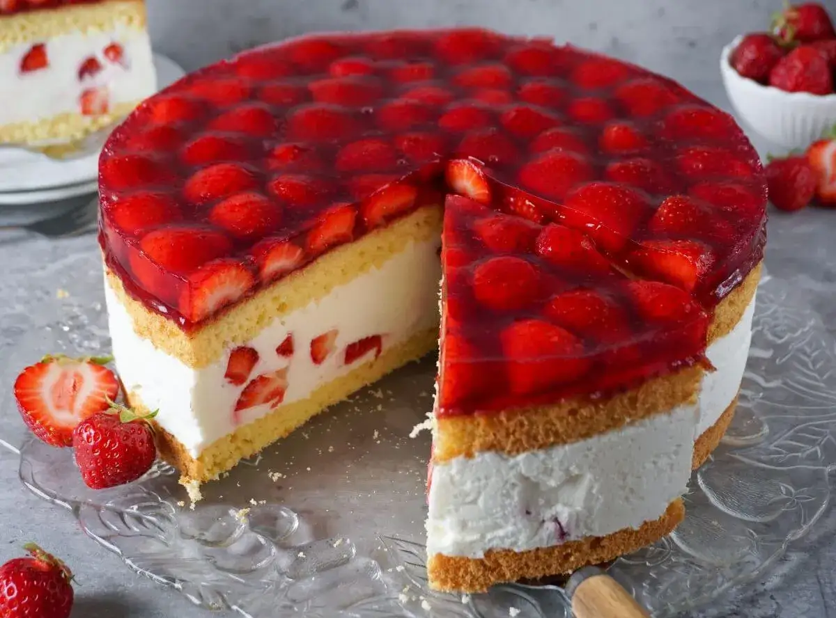 Saftige Erdbeertorte mit viel frischen Früchten und Sahne. Ein tolles Erdbeertorte Rezept für den Sommer.