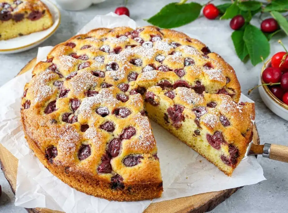 Saftiger Kirschkuchen, perfekt für jedes kirschkuchen rezept. Mit Puderzucker bestäubt und voller Kirschen.
