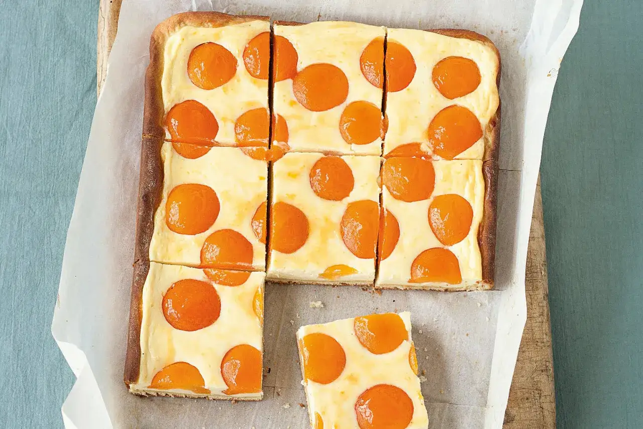 Rechteckiger spiegeleikuchen mit quark und aprikosen, in Stücke geschnitten. Ein Stück liegt separat daneben.