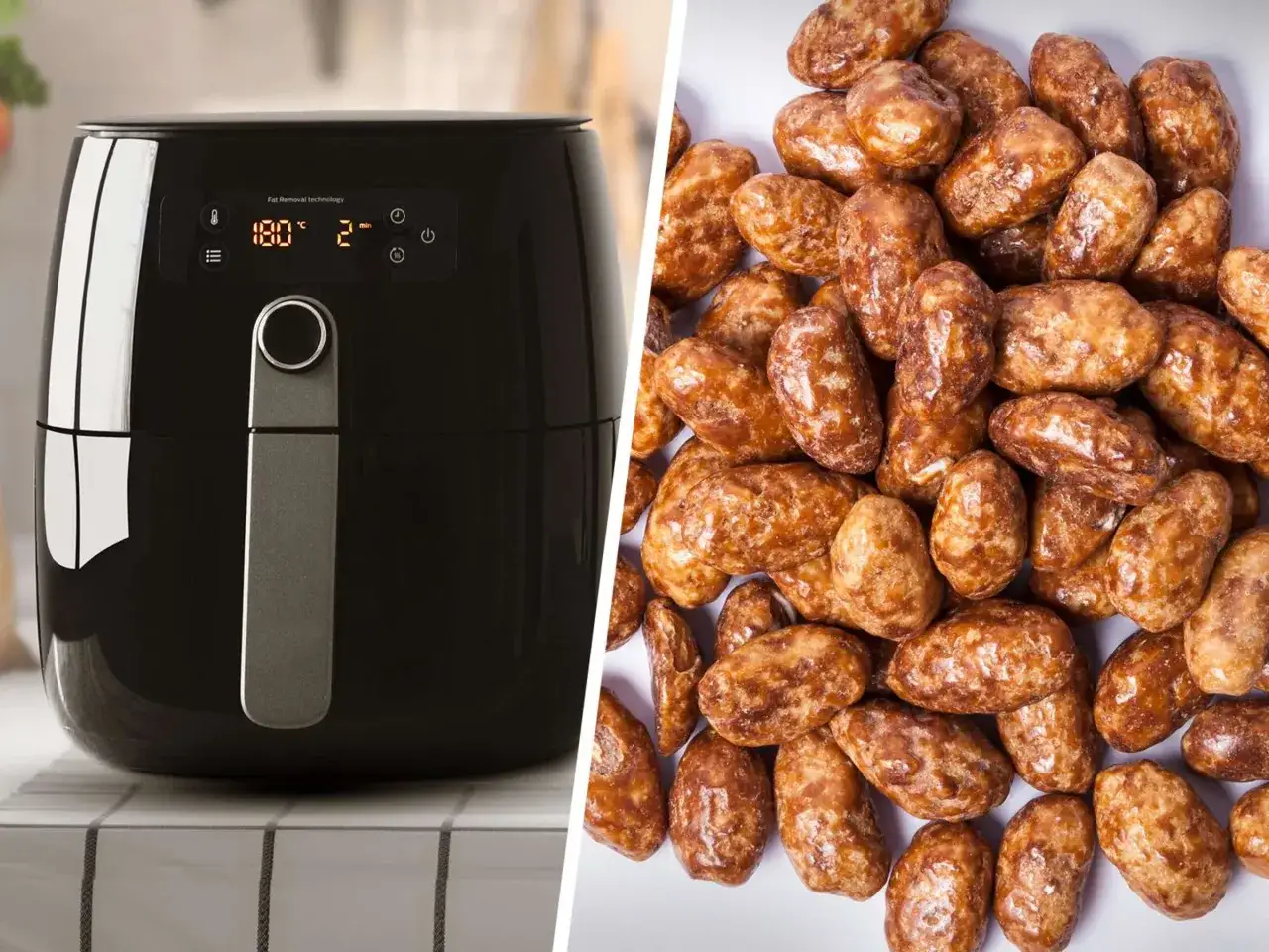 Schwarzer Airfryer neben einer Schüssel voller glänzender, karamellisierter gebrannte mandeln.