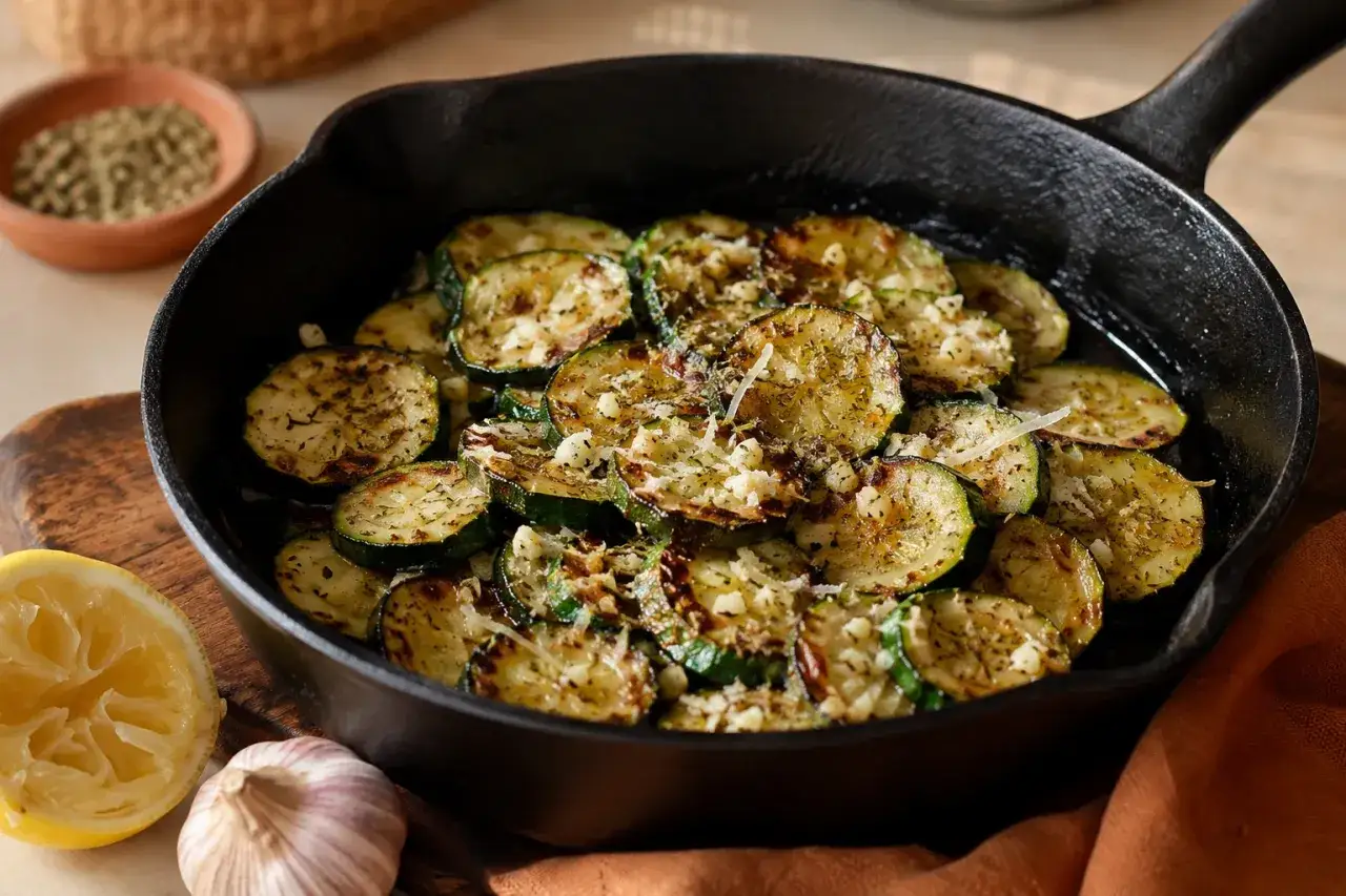 Gebratene Zucchinischeiben mit Knoblauch und Parmesan in einer Gusseisenpfanne, garniert mit Kräutern. Daneben liegen eine halbe Zitrone und eine Knoblauchknolle.